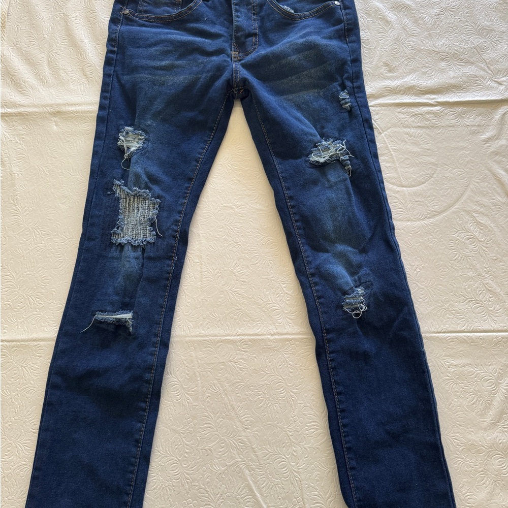 Kids Dark Blue Distressed Stretch Jeans